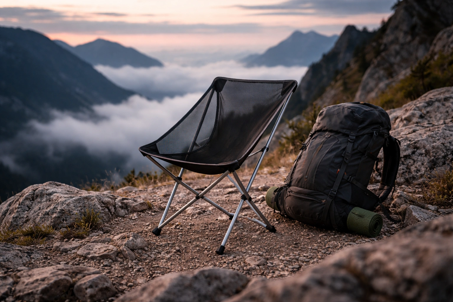 Minimalist tripod camping chair with thin aluminum poles and mesh fabric on rocky mountain summit with panoramic views at dusk and modern hiking backpack beside it