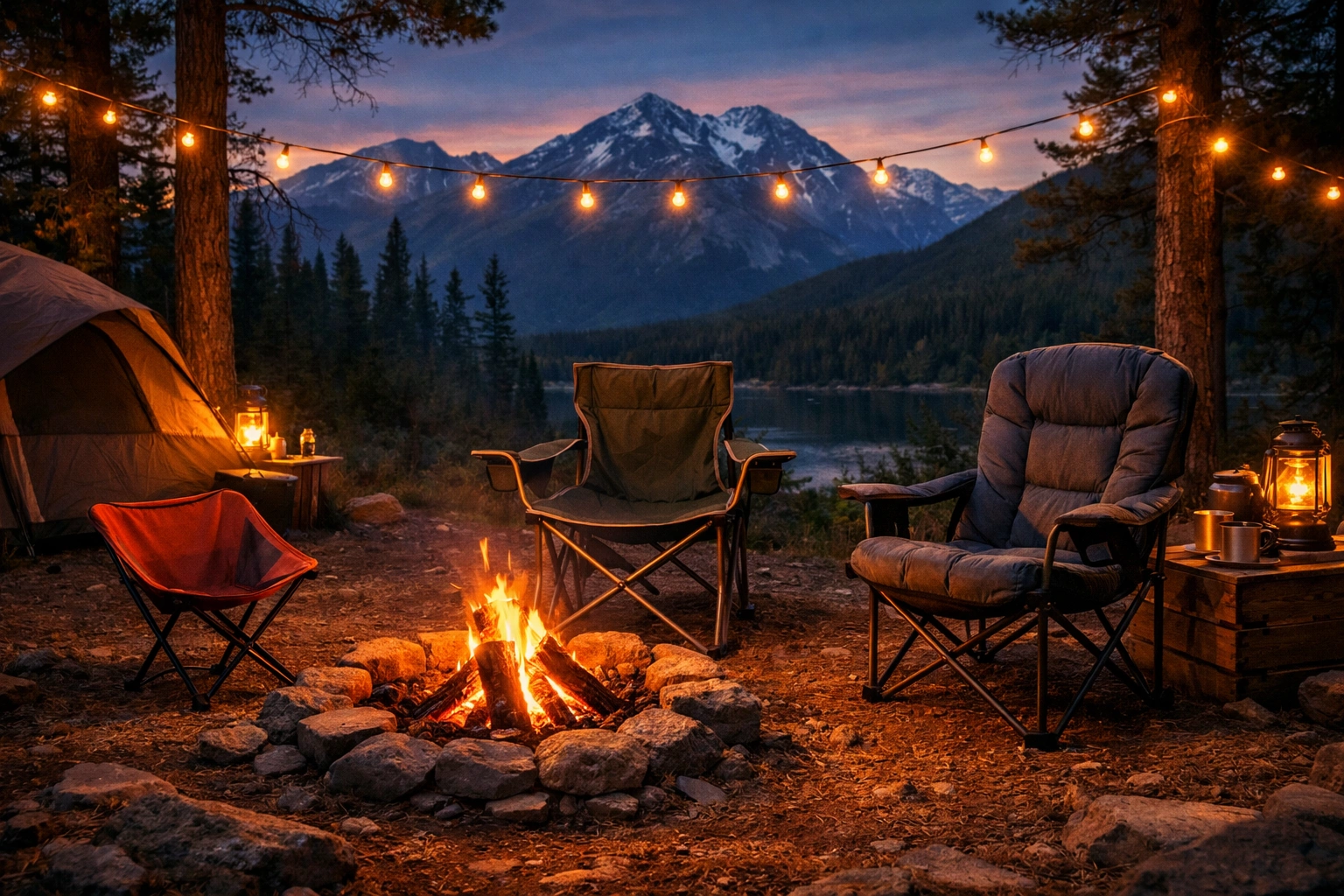 Elevated wide-angle of picture-perfect campsite at twilight with three different camping chair styles in semicircle around fire pit — compact tripod, classic quad, and high-back padded — with warm firelight and string lights