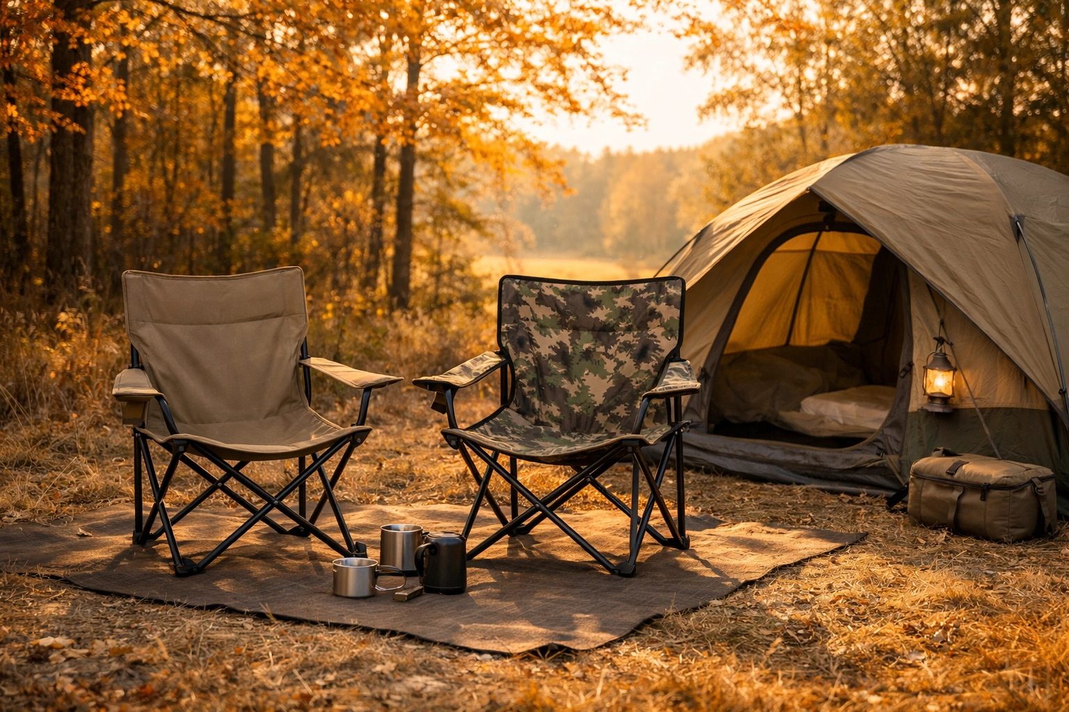 Hunter basecamp in autumn forest clearing with two chairs and tent at golden hour