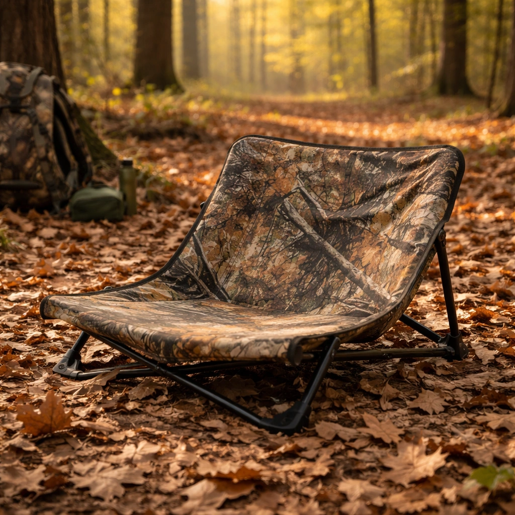Low-profile camo pattern chair on dry autumn leaves in forest showing concealment