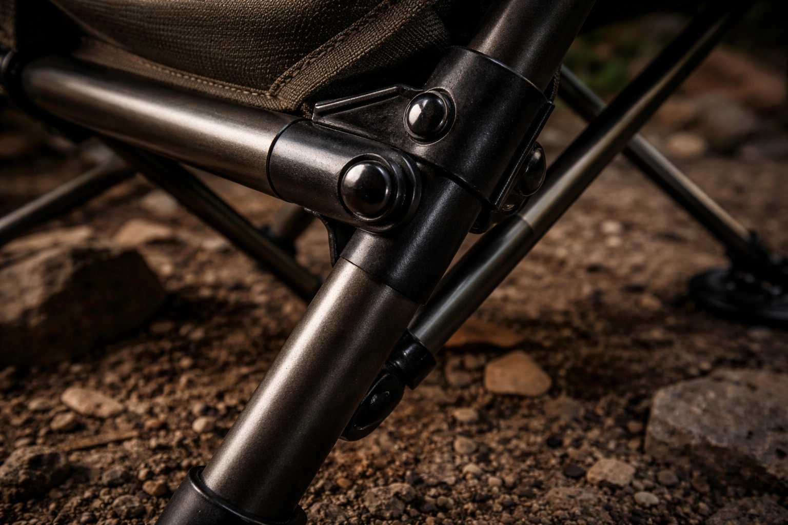 Close-up of reinforced aluminum chair frame joints on rocky ground showing rugged build quality