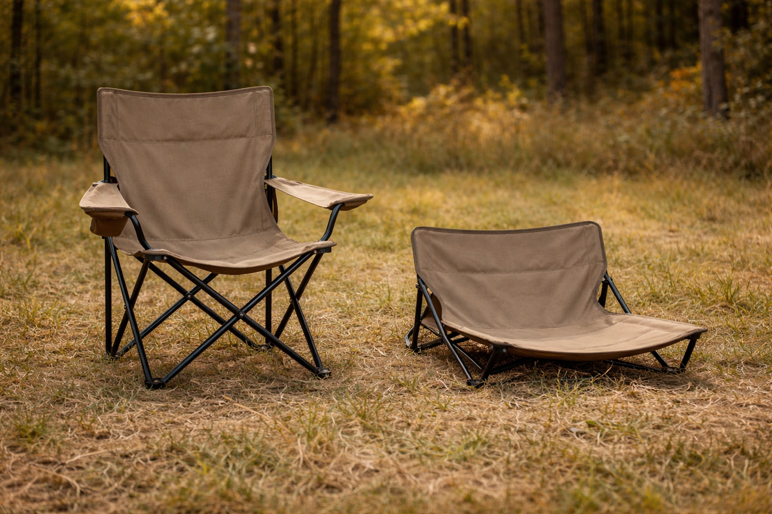 Side by side comparison of standard height chair and low-profile ground chair on forest floor