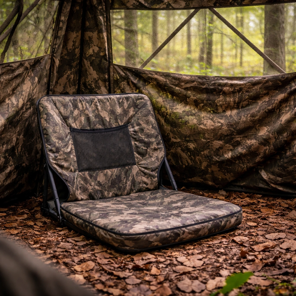 Low-profile camo chair inside pop-up ground blind in forest showing bow hunting concealment setup