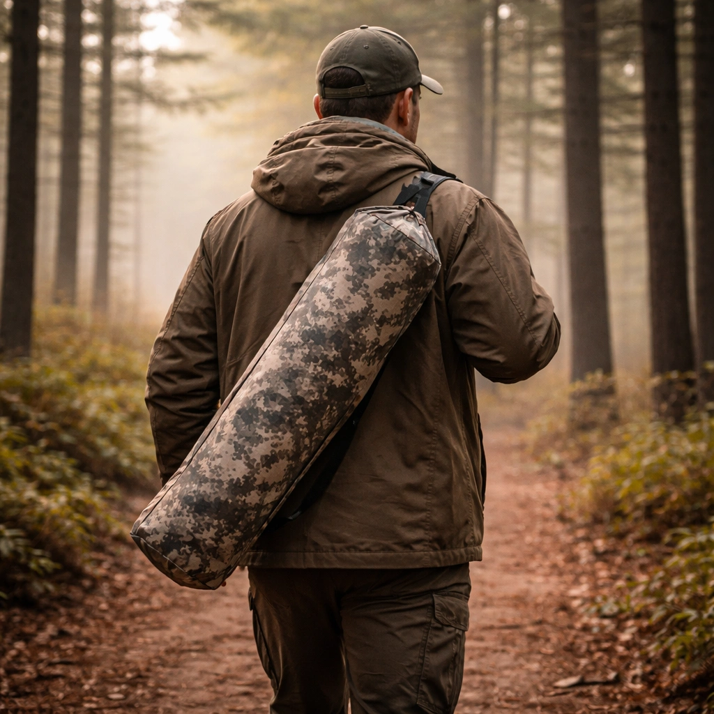 Person carrying folded chair in camo bag walking through pine forest on dirt trail