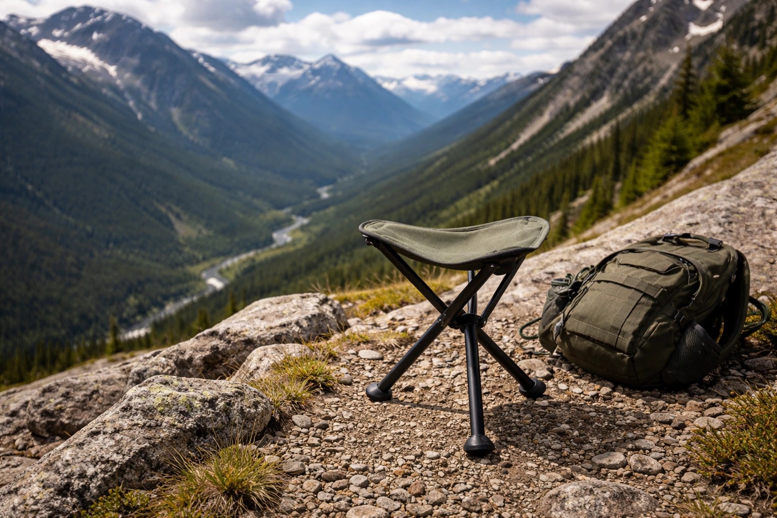 Tiny collapsible stool on rocky mountain slope with vast valley background showing lightweight gear for spot-and-stalk