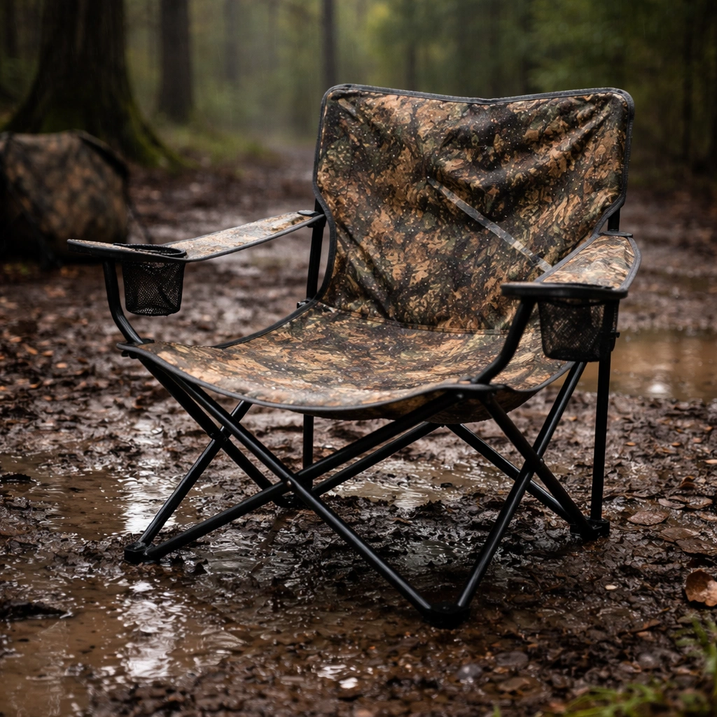 Camping chair in camo on wet muddy forest ground during light rain showing water resistance