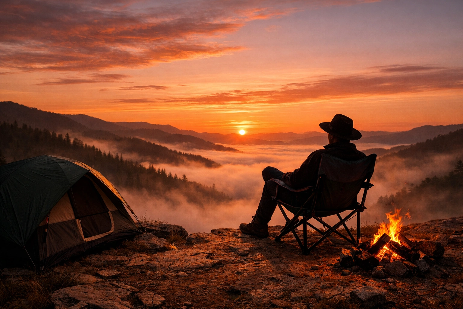 Person sitting in premium camping chair on cliff edge at golden hour sunset overlooking valley with fog tent and campfire nearby in epic landscape composition