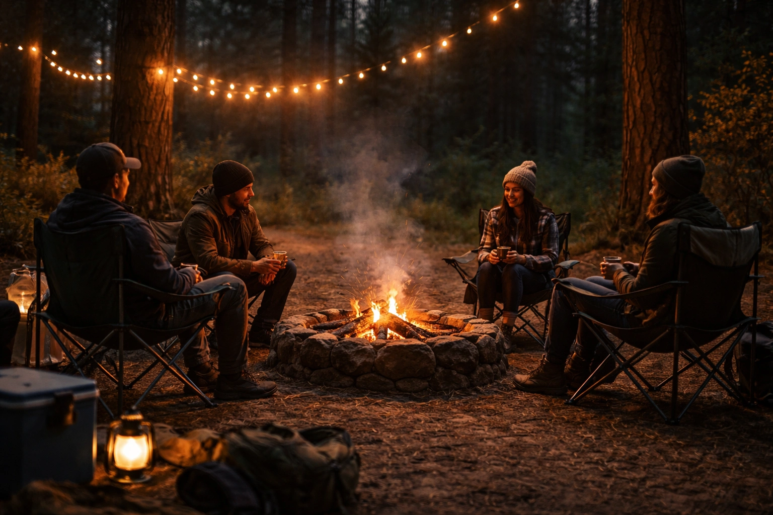 Group of campers sitting in various chairs around a fire pit at a forest campsite at golden hour
