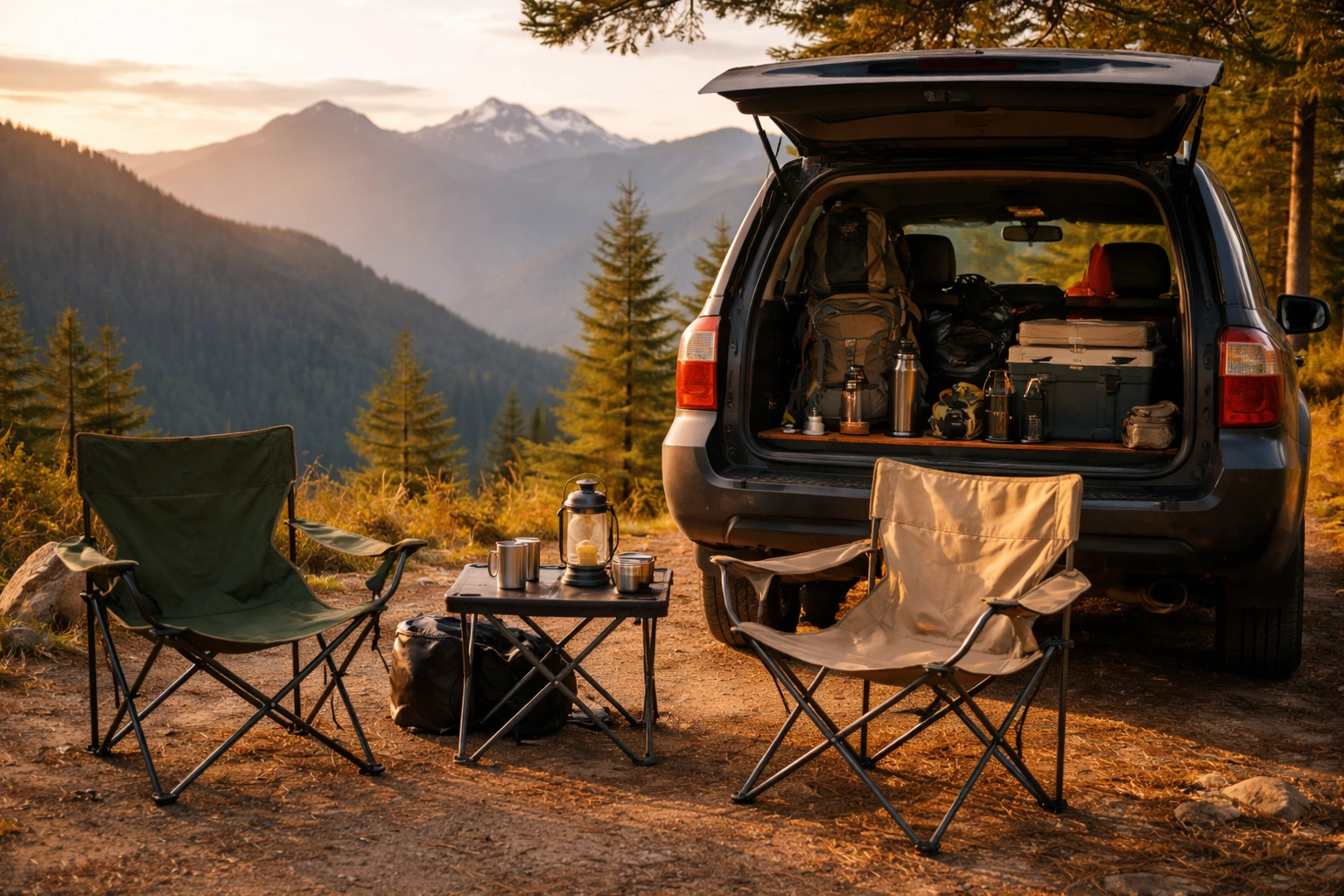 Camp chairs set up beside an SUV at a scenic campsite with mountains in background