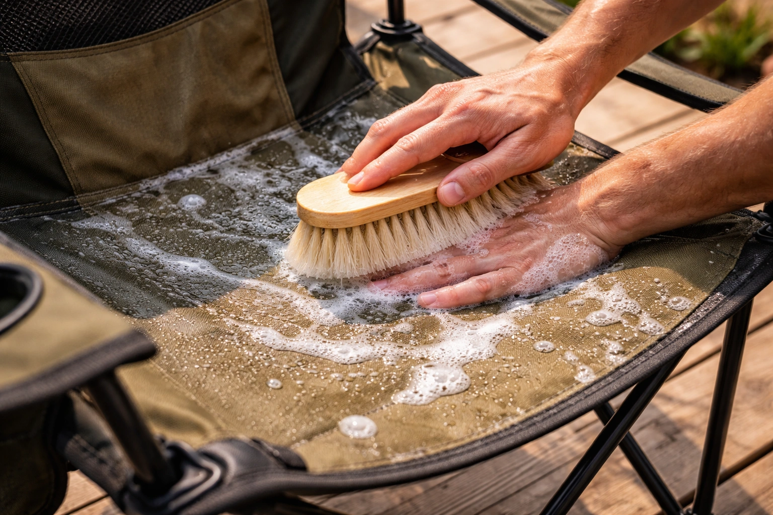 Hands cleaning camping chair fabric with soft brush and mild soapy water outdoors