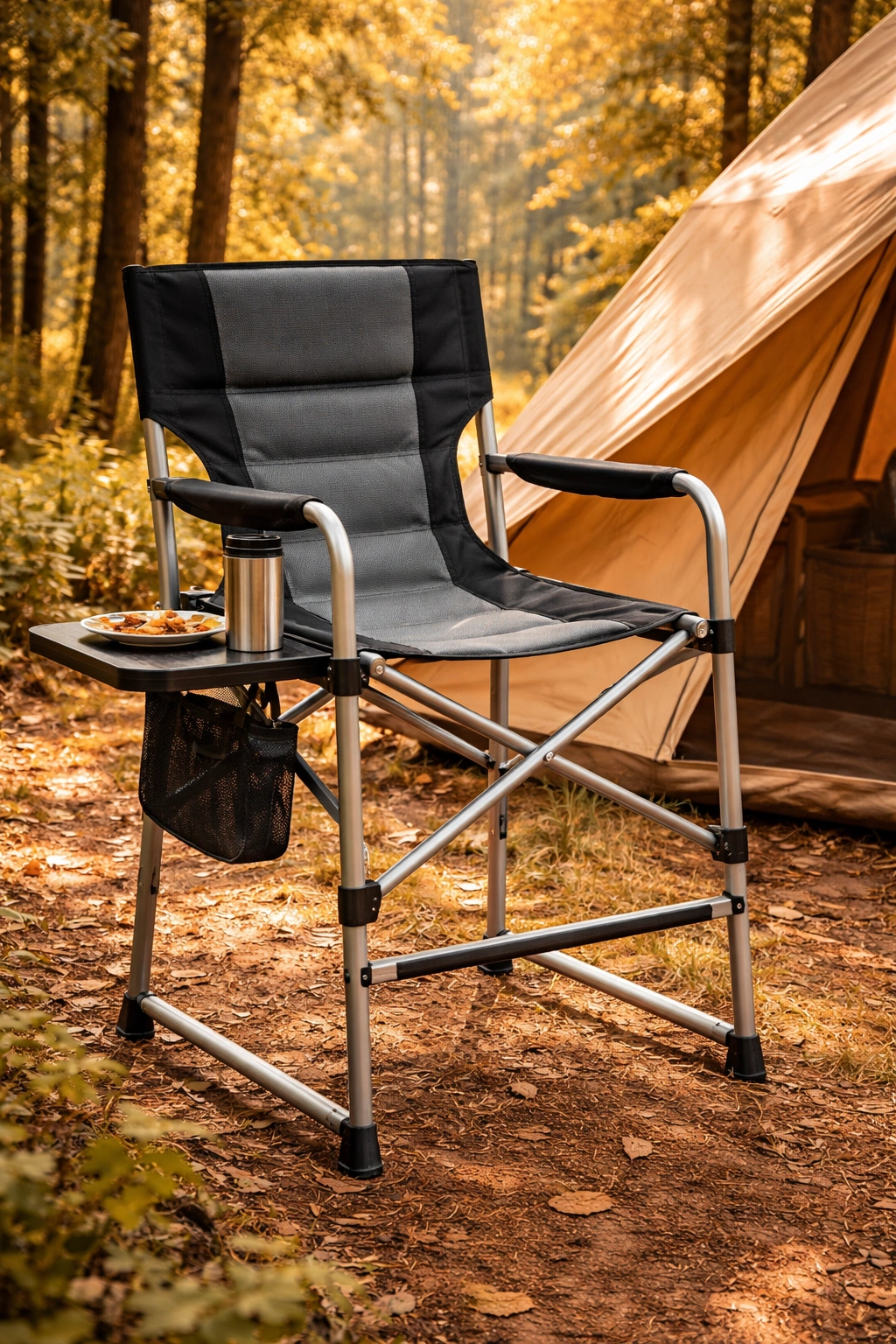 Director style camping chair with side table and tall backrest near a tent