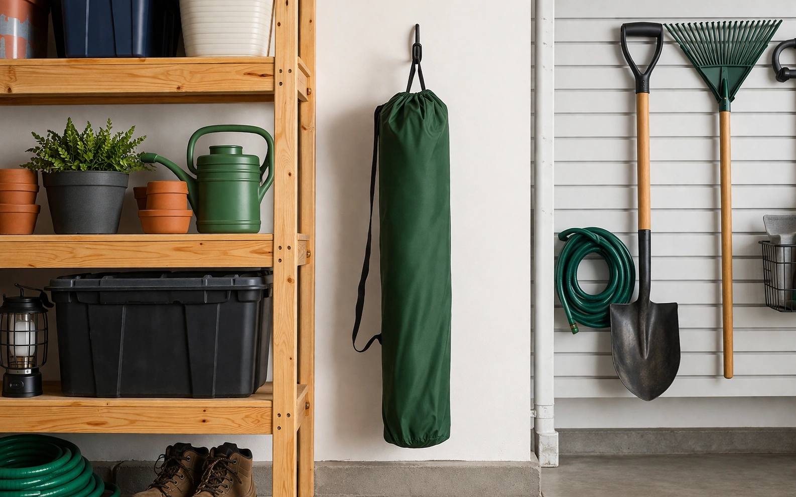 Camping chair stored in dry garage hanging on wall hook away from moisture