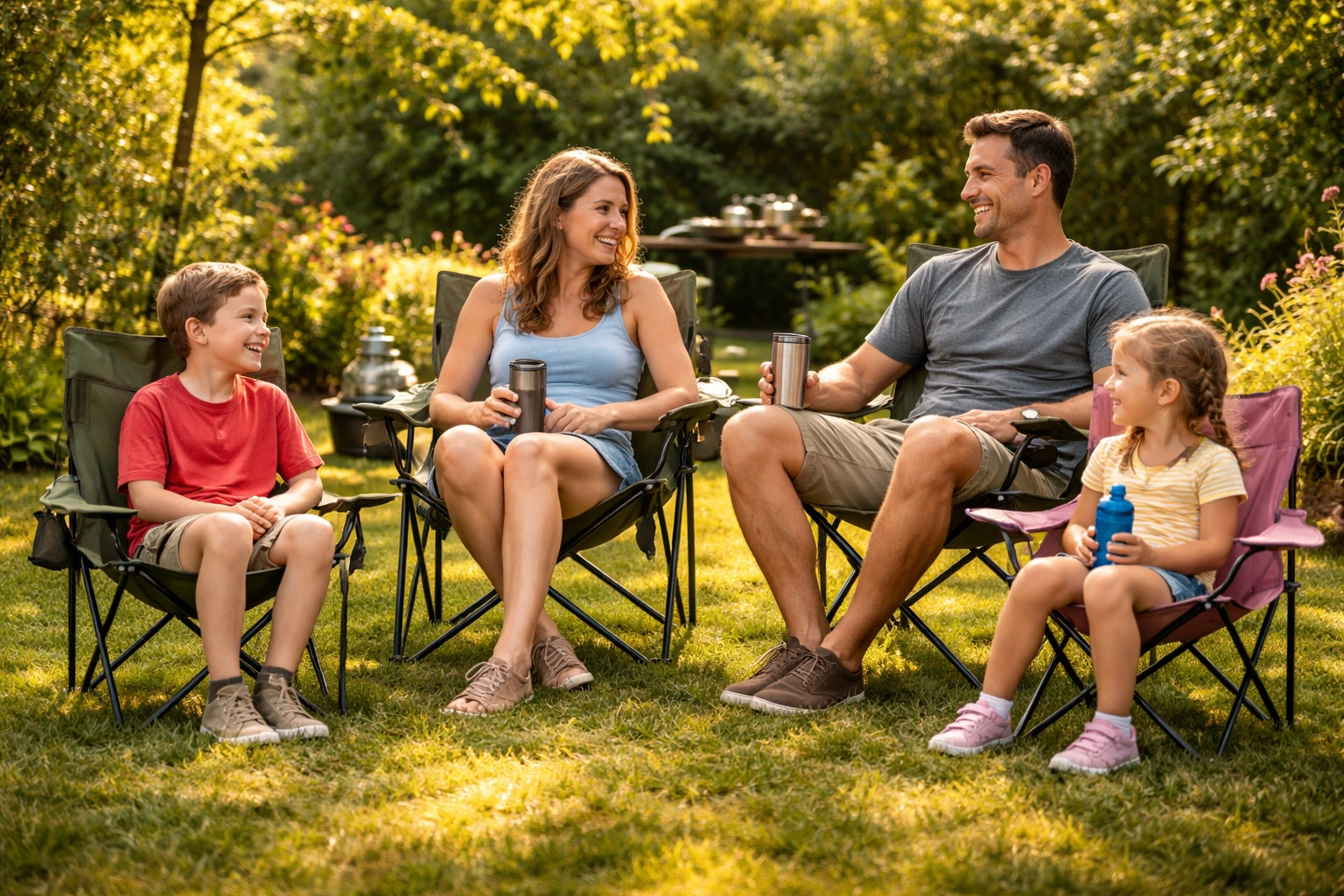 Family with children sitting in sturdy camping chairs in a backyard garden setting
