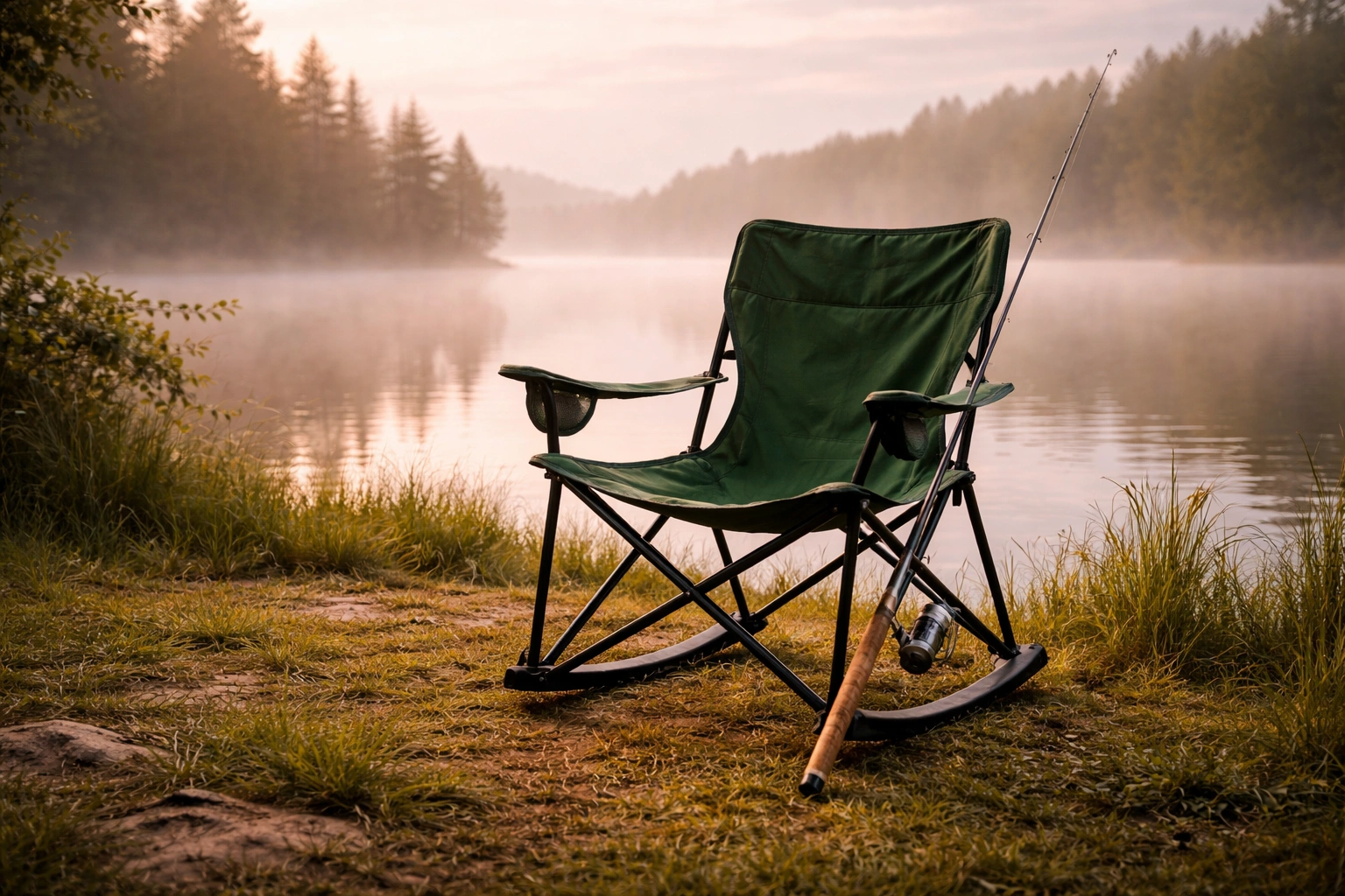 Folding camping chair positioned on a lake shore with fishing rod leaning nearby