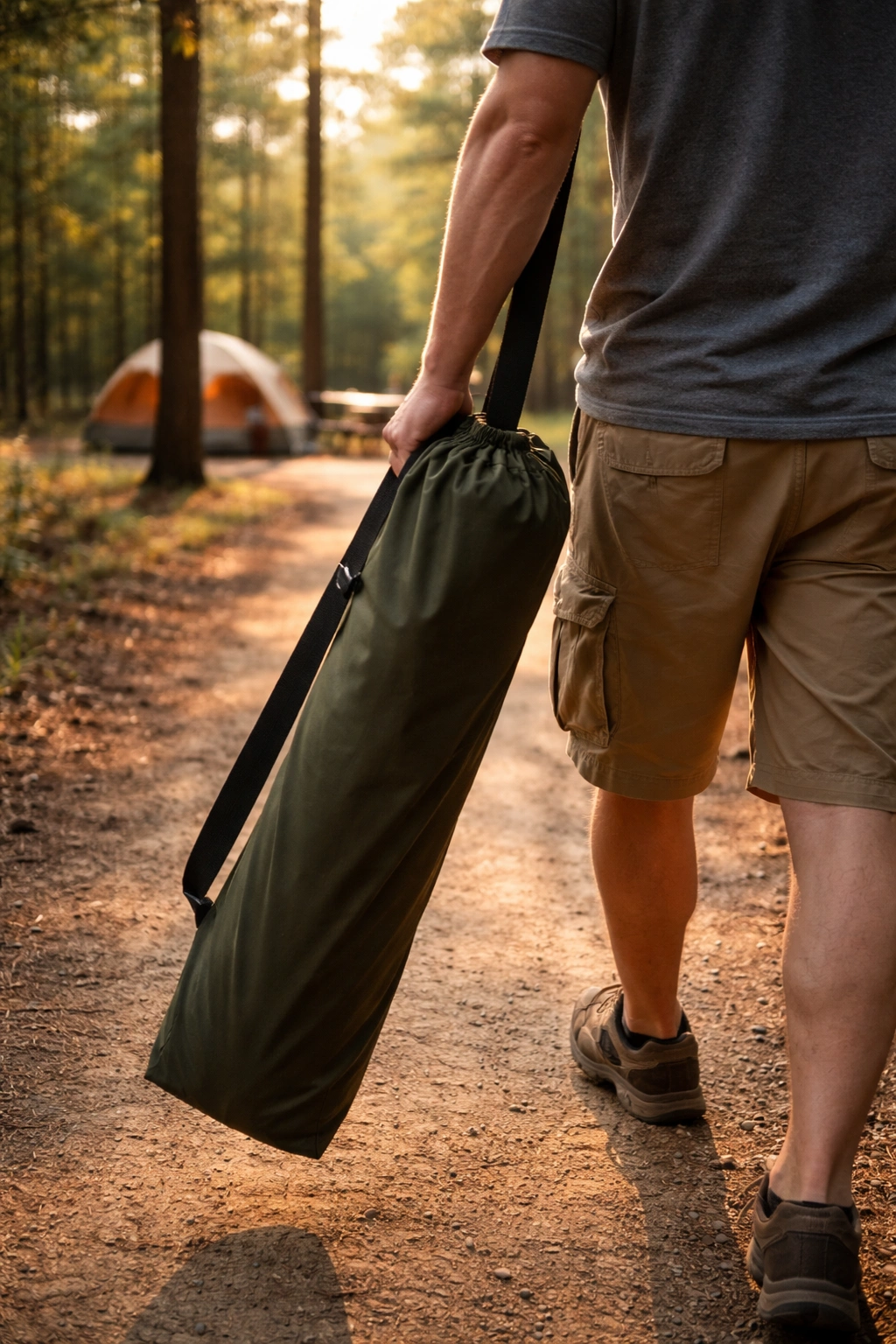 Folded camping chair stored in carry bag with shoulder strap being carried by a person