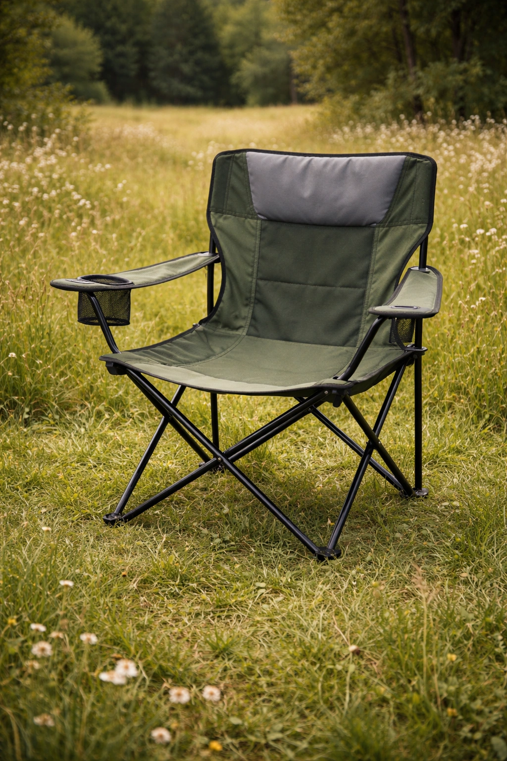 Classic folding camp chair with cup holder on armrest set up on grass