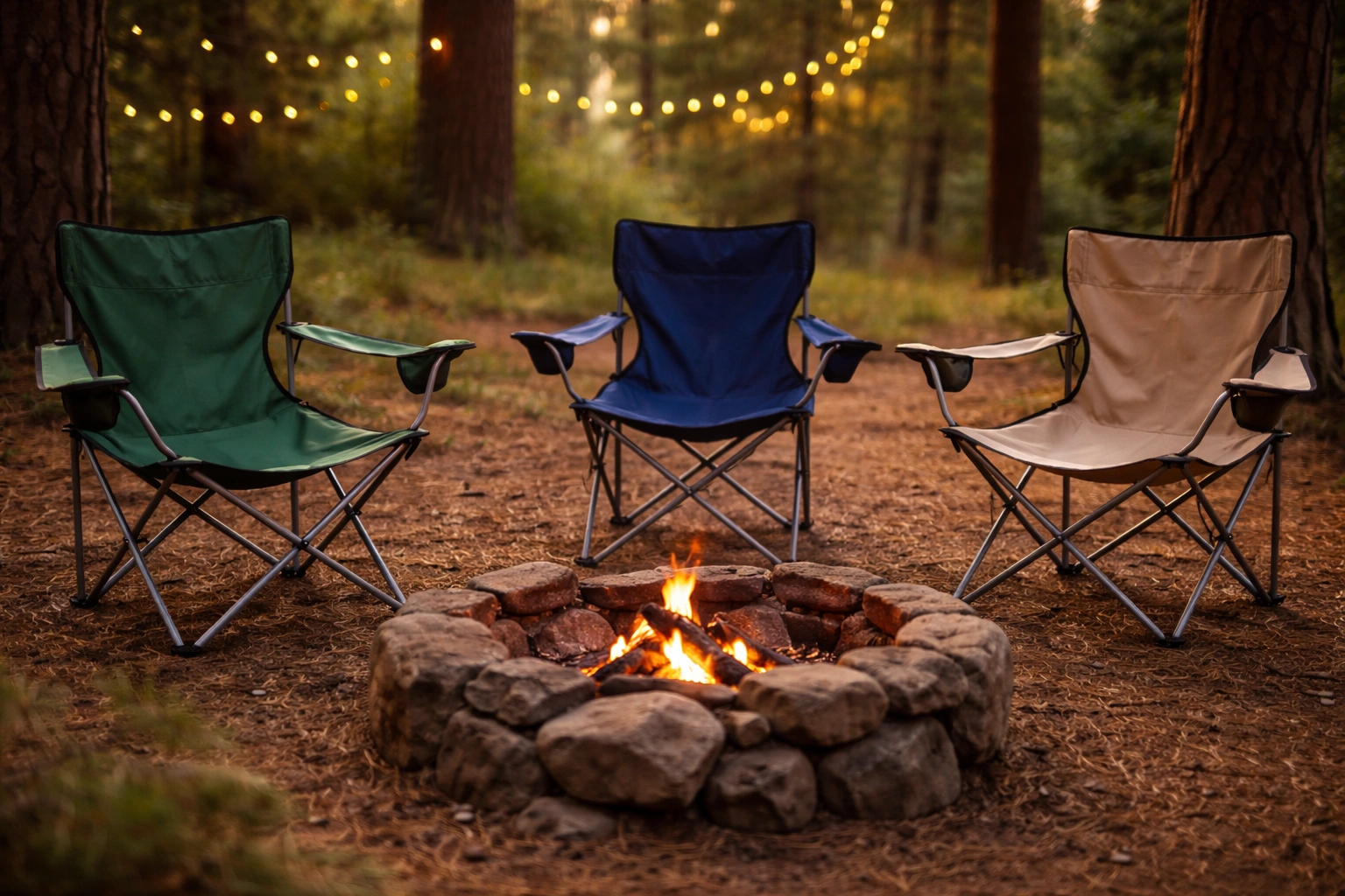 Camping chairs arranged around a campfire at dusk in a pine forest setting