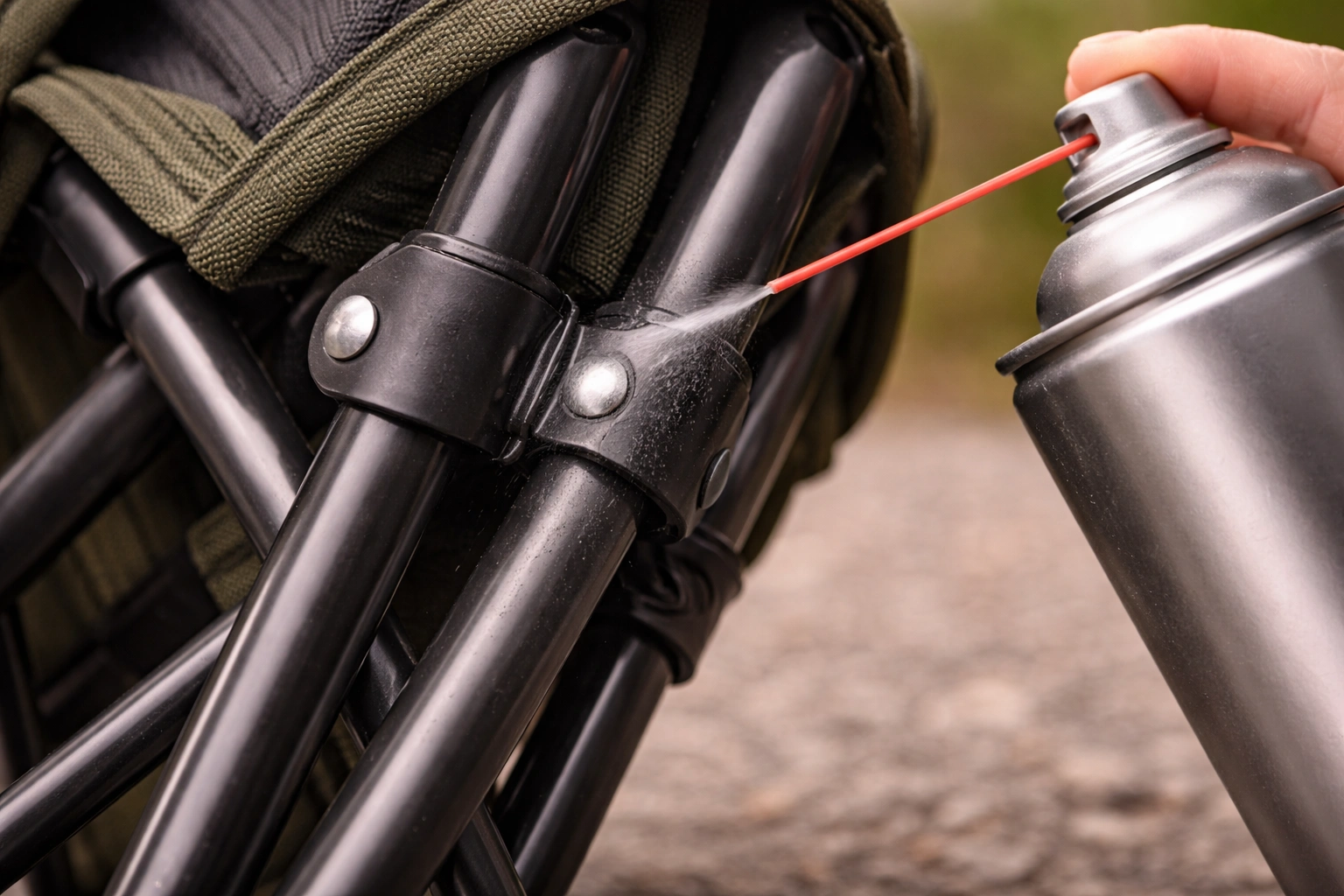 Applying silicone lubricant to folding chair hinge mechanism with precision nozzle
