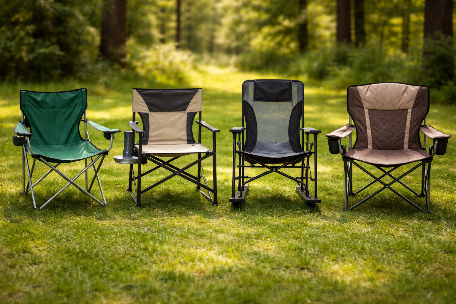 Multiple camping chair styles displayed on grass — folding, rocker, and director styles side by side