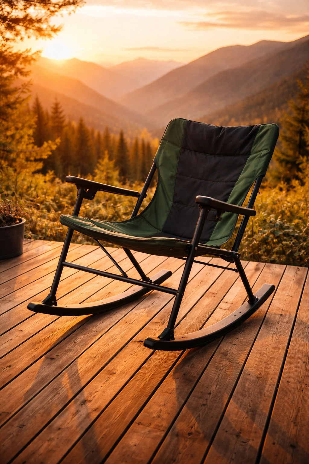 Rocking camping chair on a wooden deck with gentle rocking motion visible