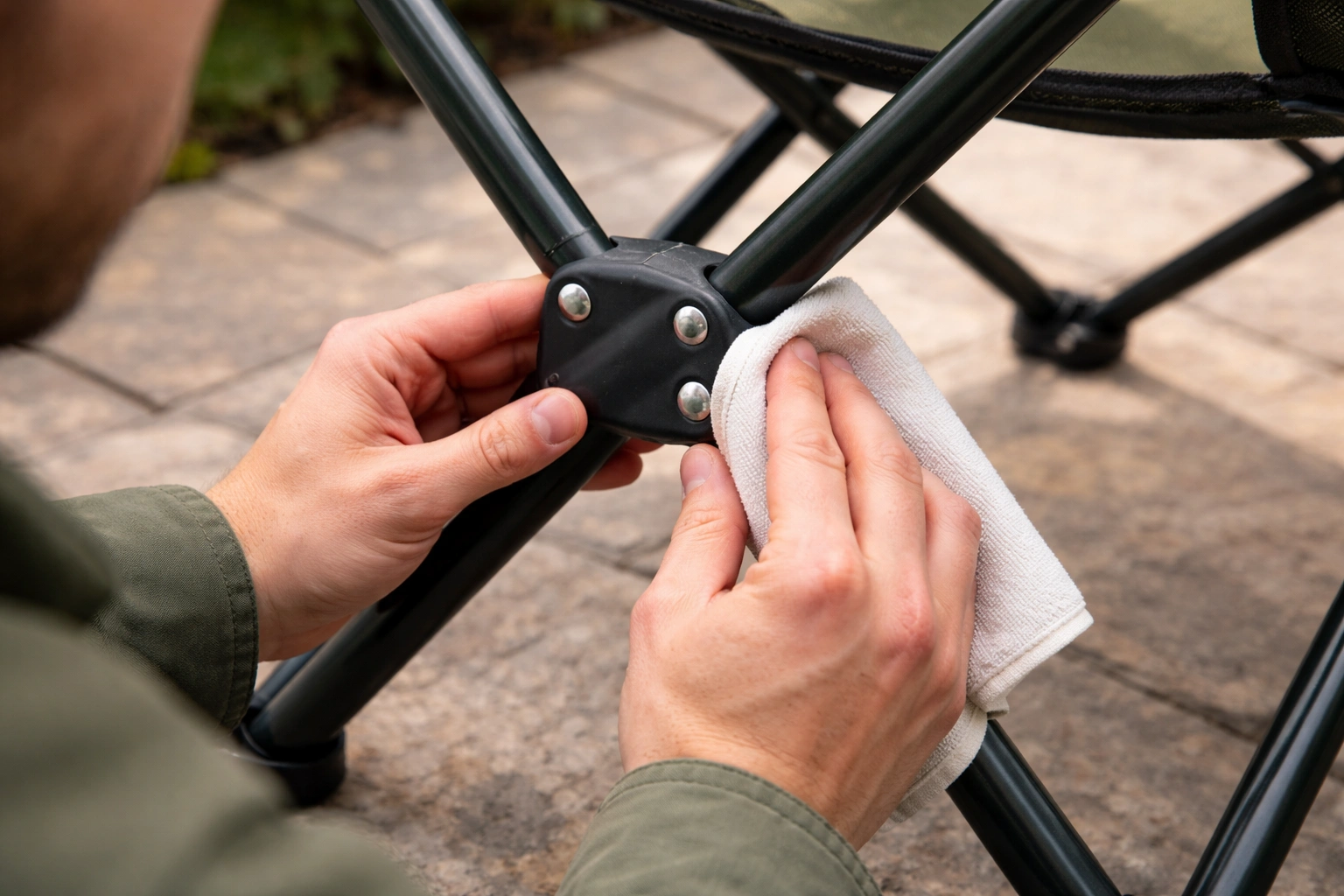 Person inspecting steel chair frame joints for rust spots with cloth in hand