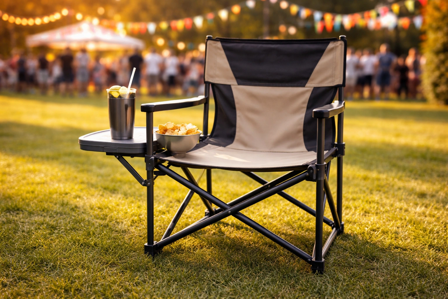Director style camping chair with side table set up at a tailgate party with food and drinks