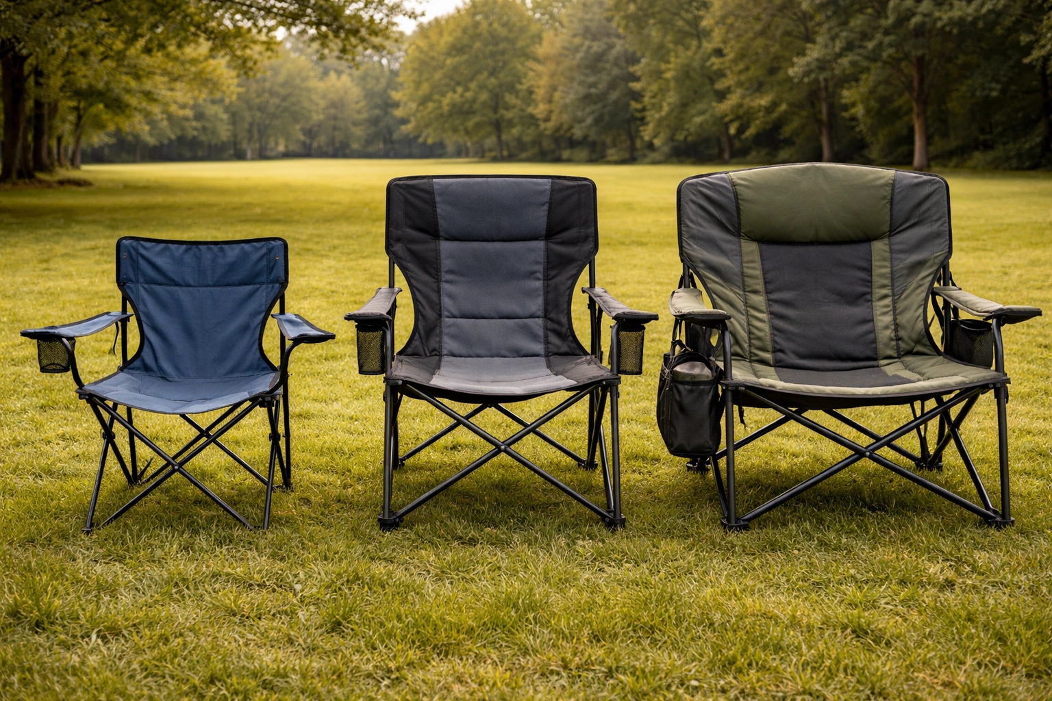 Three different camping chairs from various brands lined up for side-by-side comparison on grass