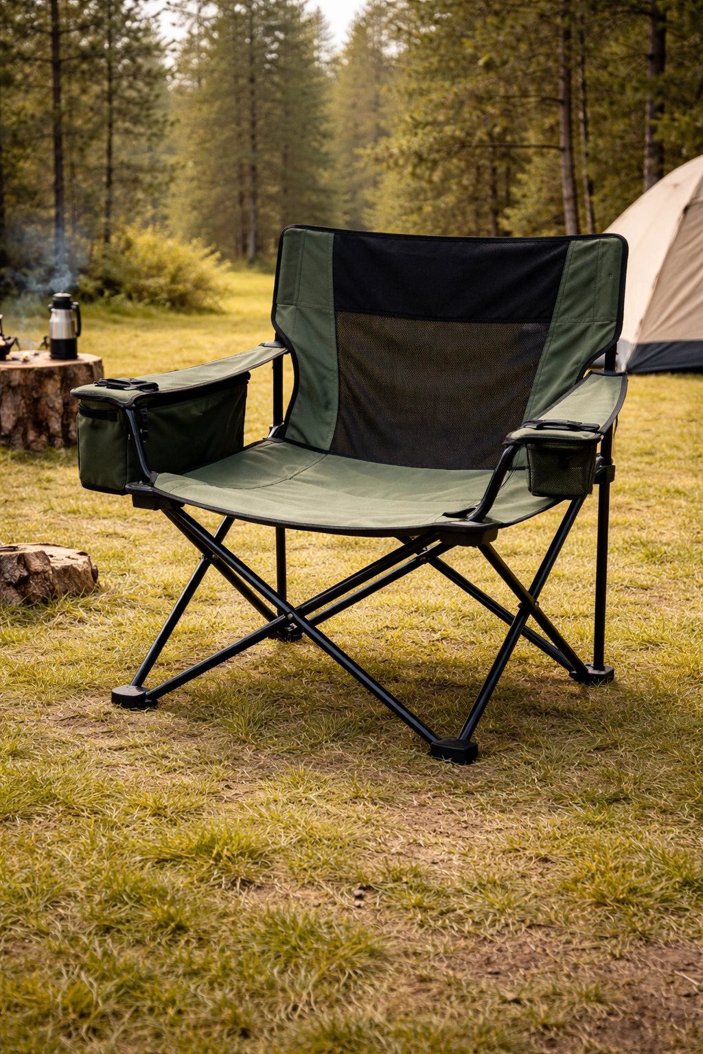Sturdy camping chair with wide seat shown on uneven ground demonstrating stability