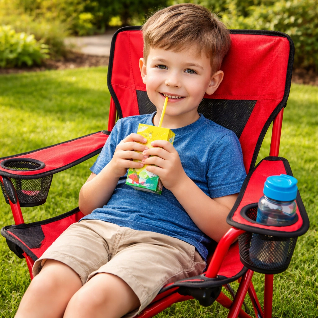 Child enjoying camping chair outdoors