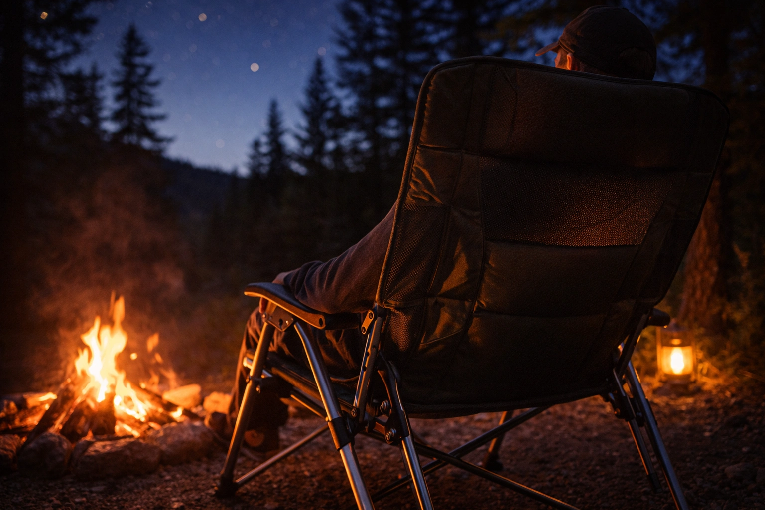 Person sitting relaxed in tall high-back camping chair with mesh panels near crackling campfire at dusk with warm firelight and pine tree silhouettes