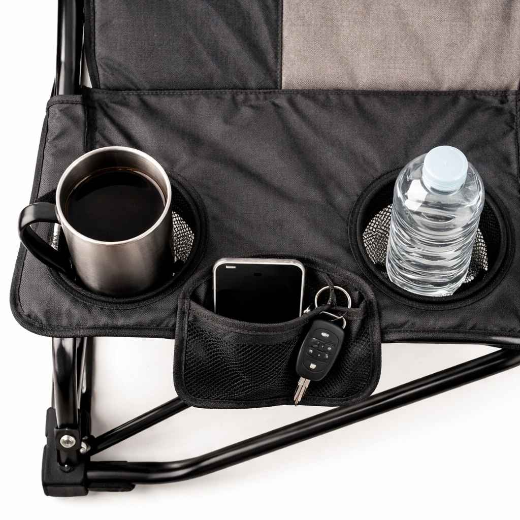 Overhead view of camping chair armrest showing two mesh cup holders with steel mug and water bottle plus organizer pocket with phone and keys