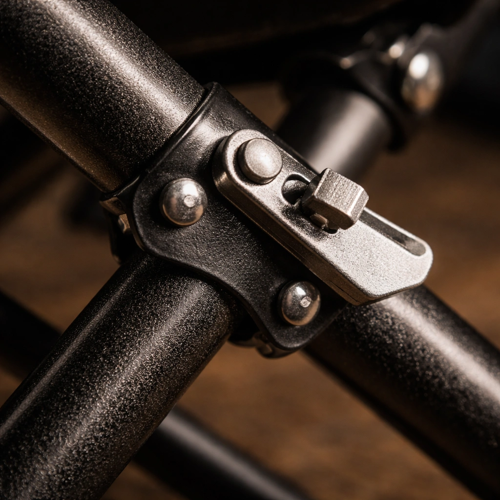 Macro close-up of camping chair frame hinge showing metal locking lever in locked position connecting two powder-coated steel tube legs