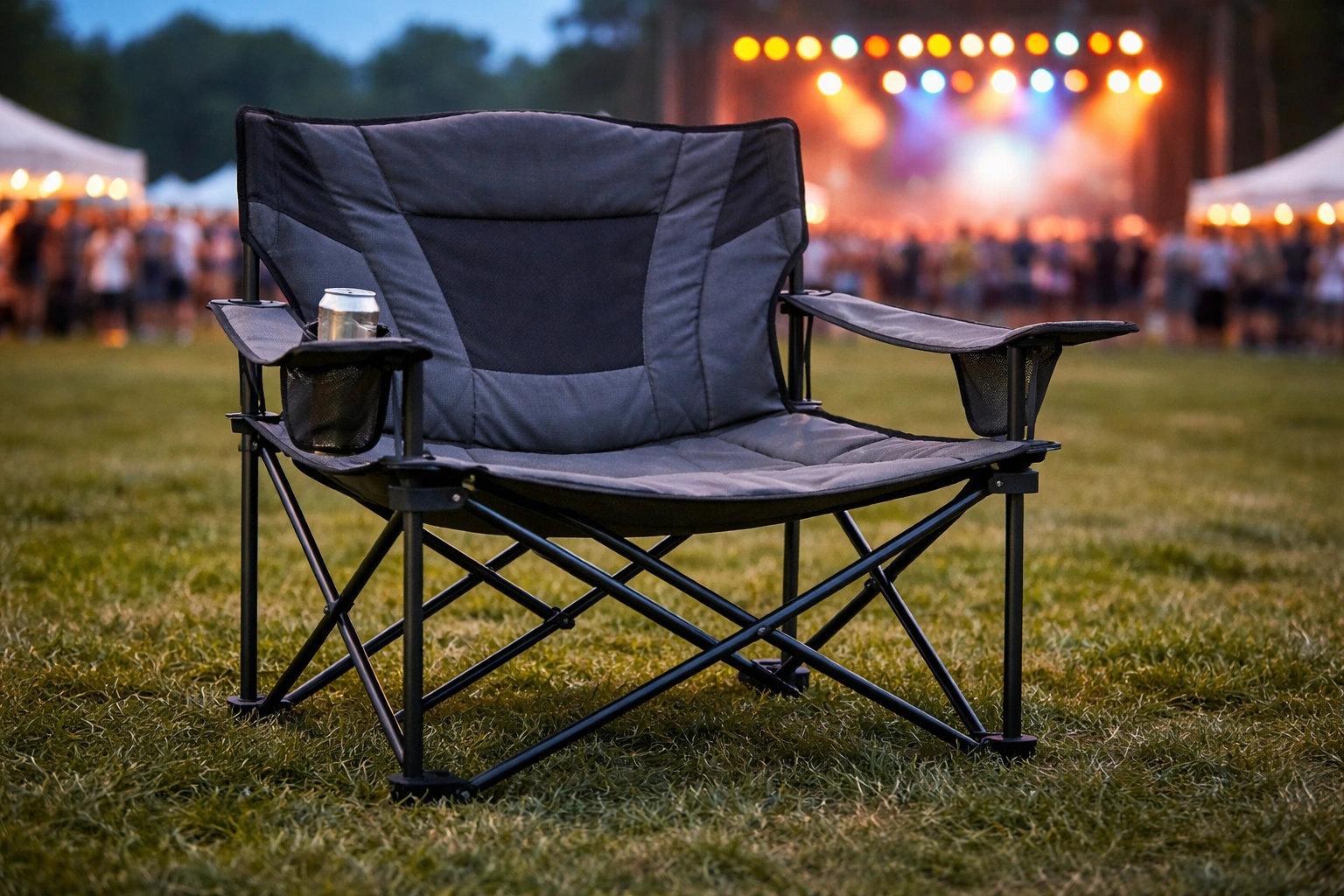 Camping chair on green grass at outdoor music festival with colorful stage lights and blurred crowd in background at twilight blue hour