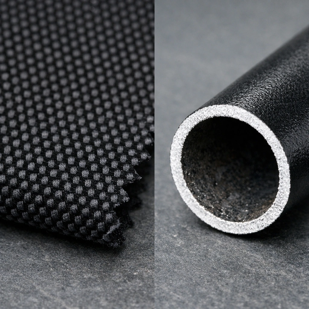 Macro showing two material samples side by side — thick 600D polyester fabric weave on left and cross-section of powder-coated steel tubing on right on slate surface
