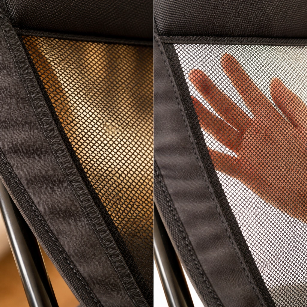 Close-up of camping chair mesh side panel showing open weave pattern with hand pressing from behind to demonstrate airflow and stretch