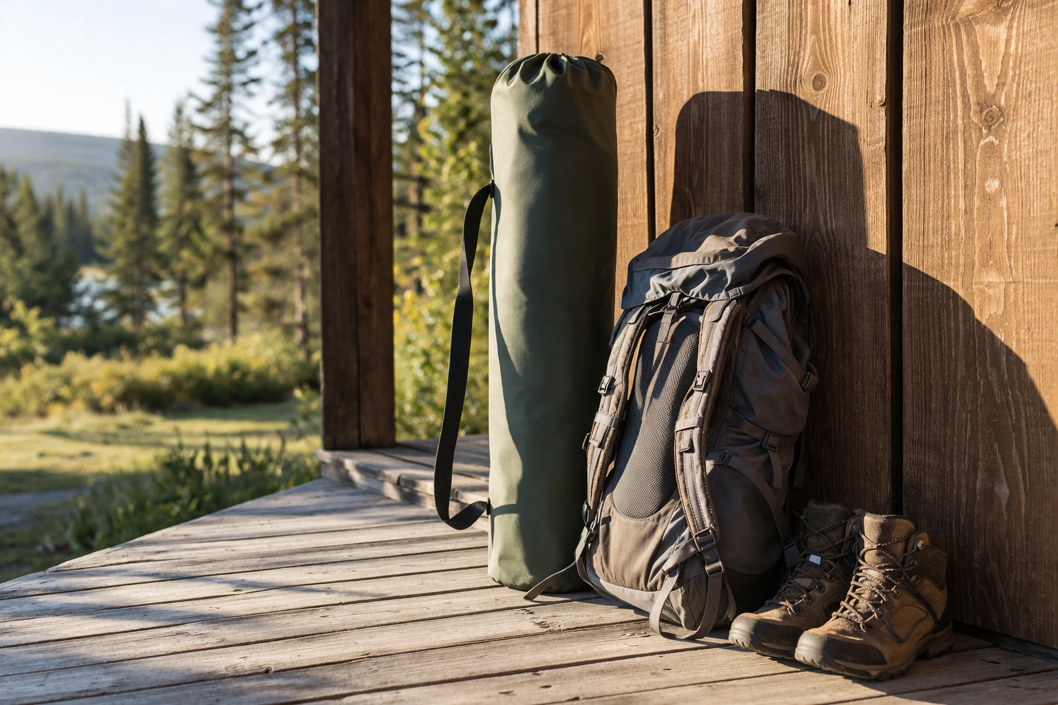 Camping chair folded inside carry bag with shoulder strap standing upright on wooden porch beside hiking backpack and boots with morning sidelight