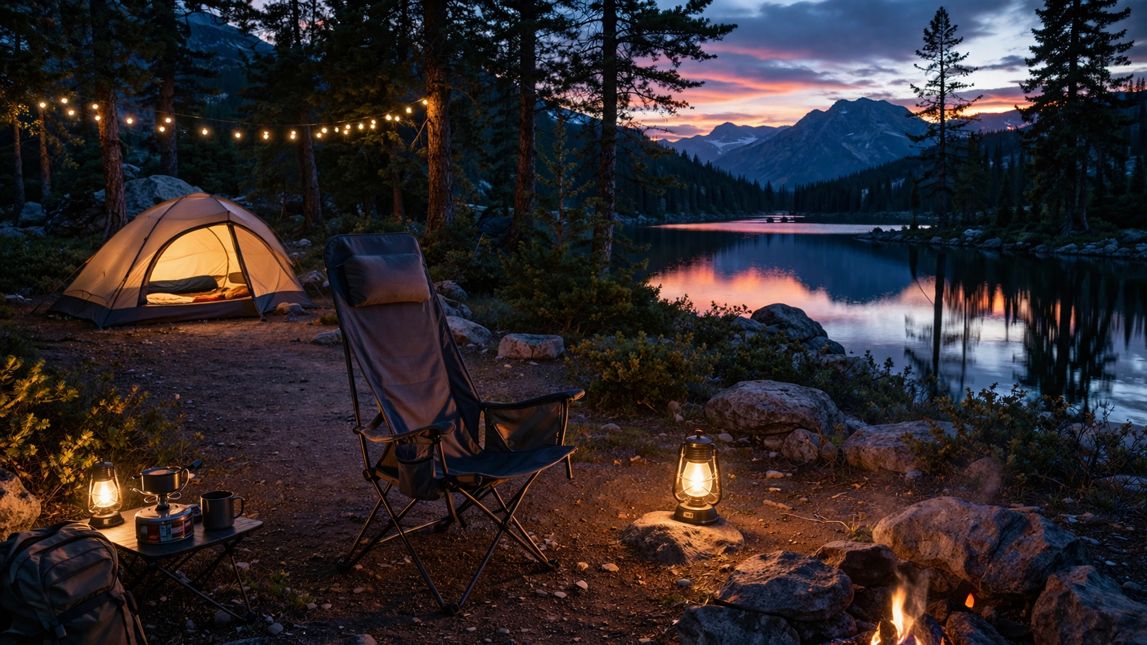 Elevated wide-angle of beautiful campsite at blue hour with tall high-back camping chair as focal point near warm lantern light, tent glowing in background, string lights between trees
