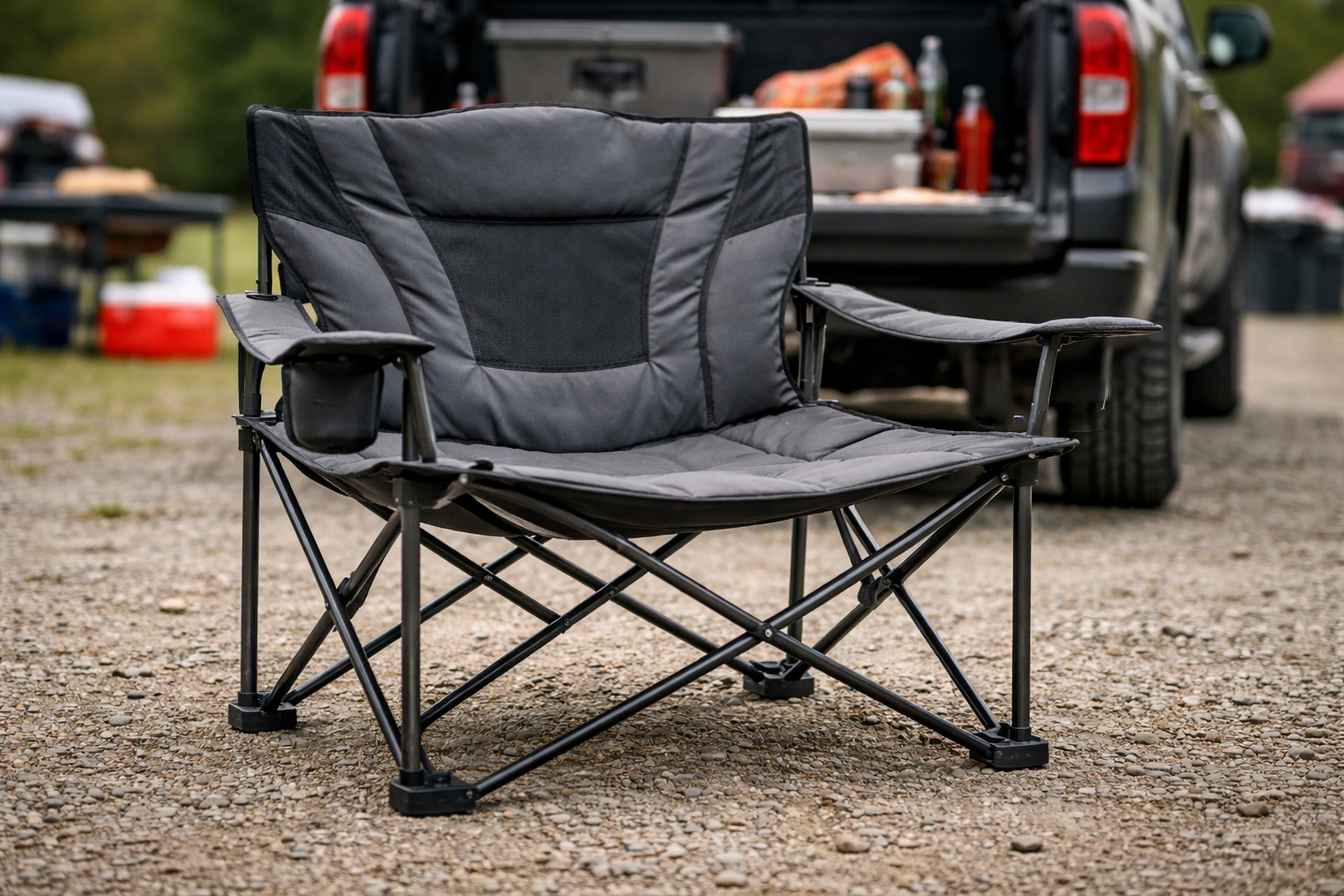 Wide sturdy camping chair with reinforced cross-bracing on gravel surface at tailgate party with pickup truck tailgate in soft background