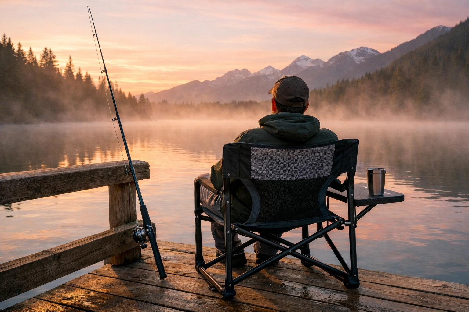 Person sitting in folding director-style camping chair with side table on wooden dock beside calm mountain lake at sunrise with fishing rod nearby