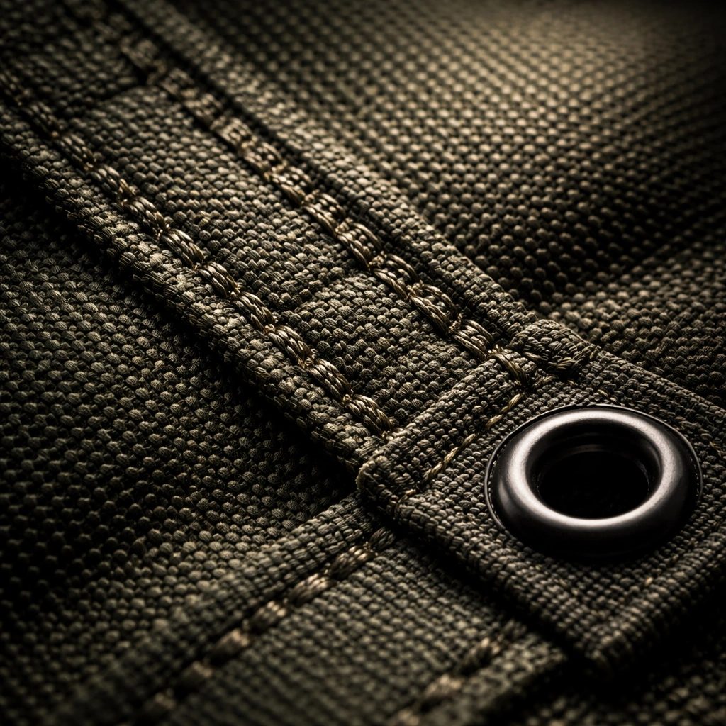 Extreme macro of thick woven Oxford polyester fabric showing tight crosshatch weave, reinforced double stitching seam, and plastic grommet eyelet