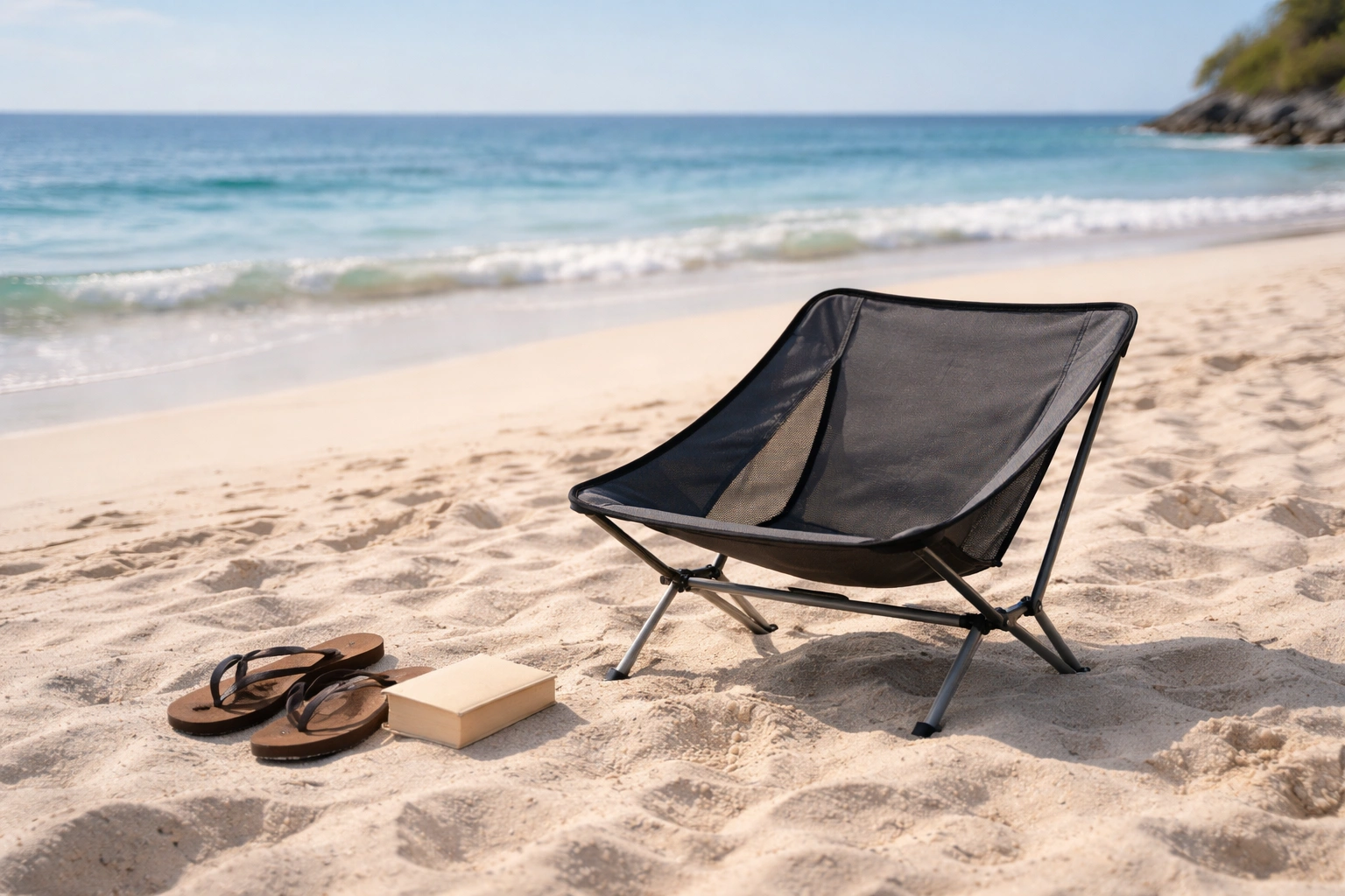 Low-slung compact aluminum camping chair with mesh seat on white sand beach with gentle waves, flip-flops and paperback book beside it