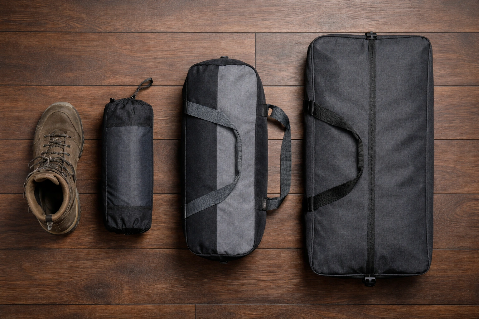 Three different folded camping chairs in carry bags arranged by size on dark wooden floor with hiking boot beside smallest bag for scale