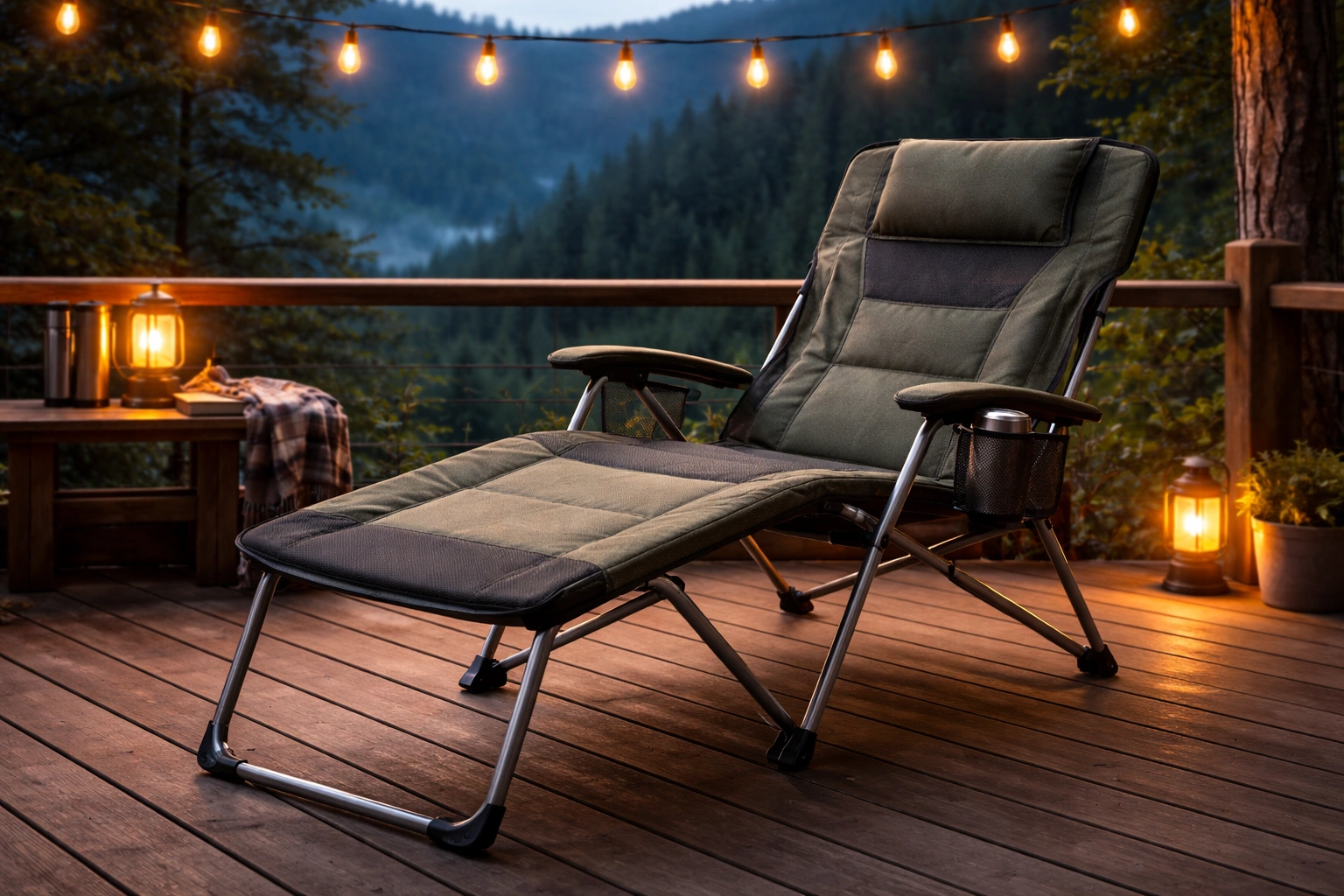 Reclining camping chair with detachable footrest ottoman on wooden deck overlooking forested valley at blue hour with lantern lights