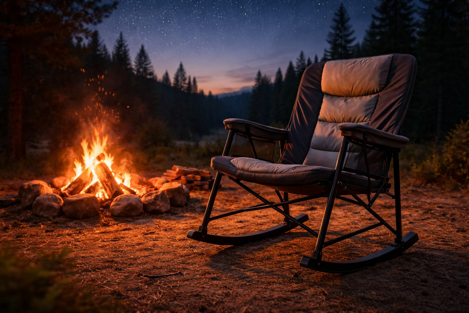 Rocking camping chair with padded seat and armrests near crackling campfire at twilight with warm firelight and stars above treeline