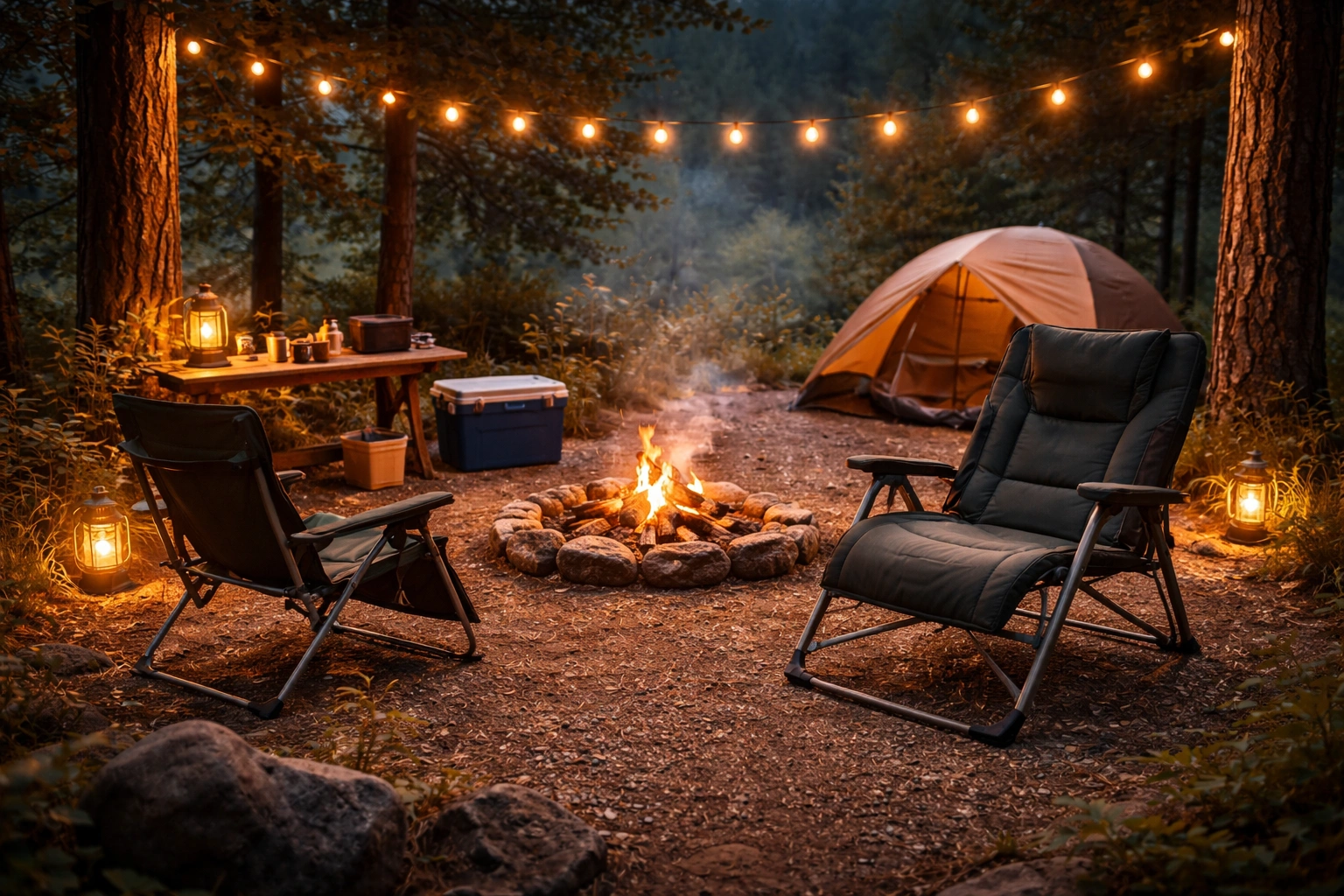 Elevated wide-angle of beautifully arranged campsite at dusk with two different camping chairs facing glowing fire pit, string lights between trees, tent glowing in background