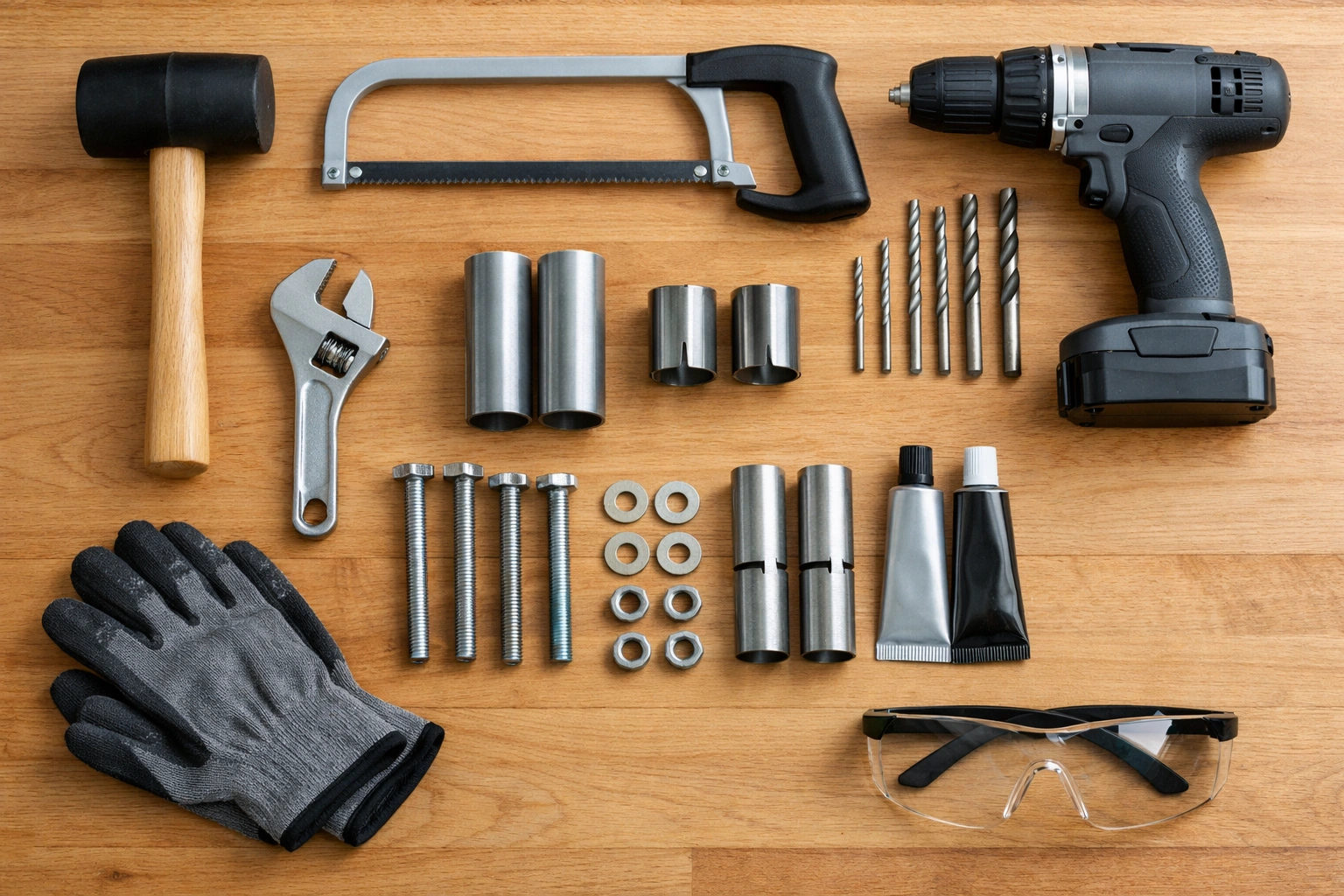 Flat lay of camping chair leg repair tools including mallet, hacksaw, drill, wrench, bolts, sleeve kit, epoxy, and gloves