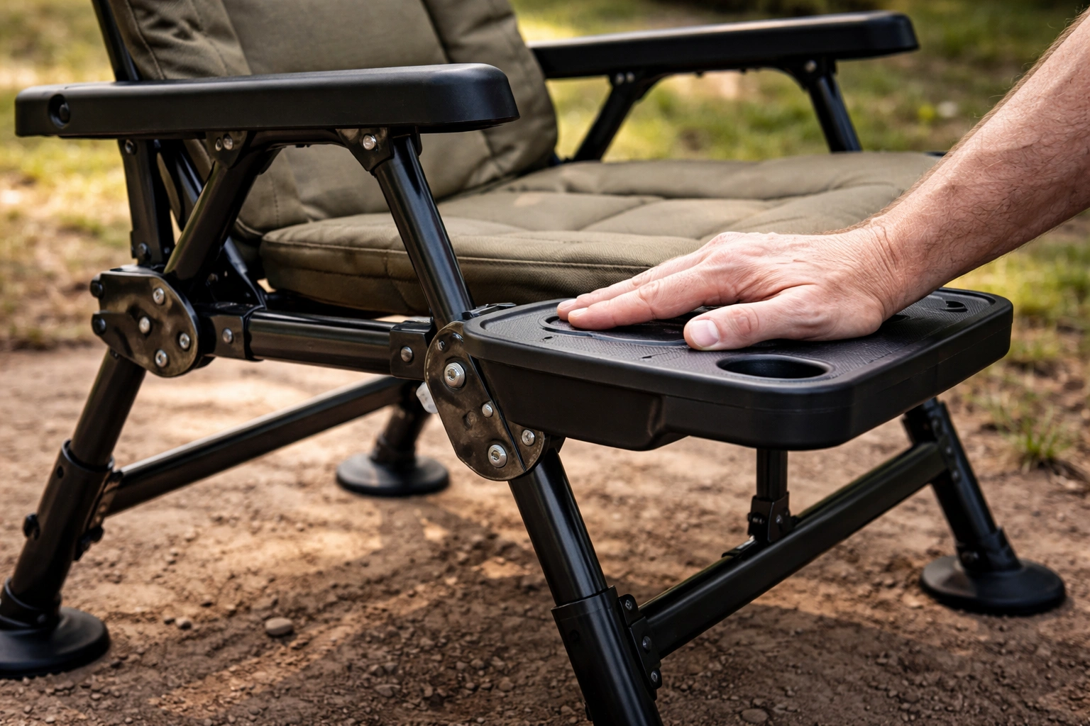 First-person view from a camp chair showing a plate of campfire food and drink on the side table with sunset sky beyond