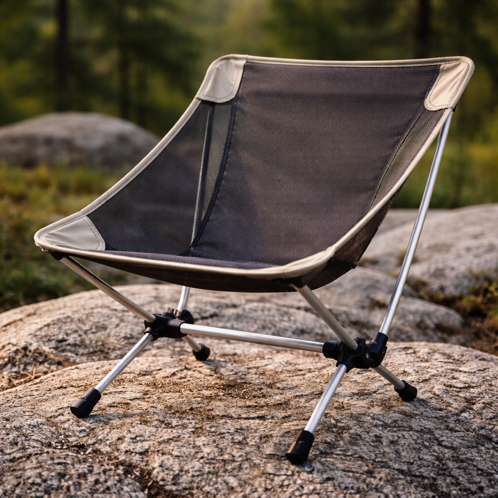Compact low-back camping chair with short backrest and slim aluminum frame on rocky terrain