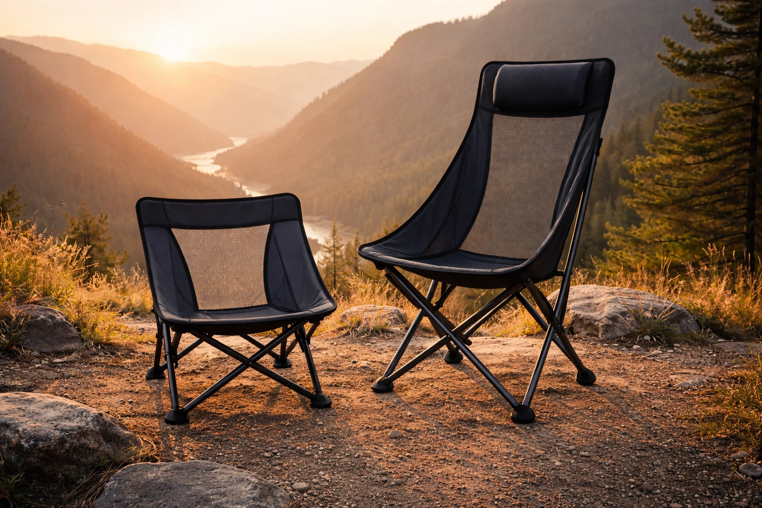 Low-back and high-back camping chairs side by side at scenic mountain overlook at golden hour