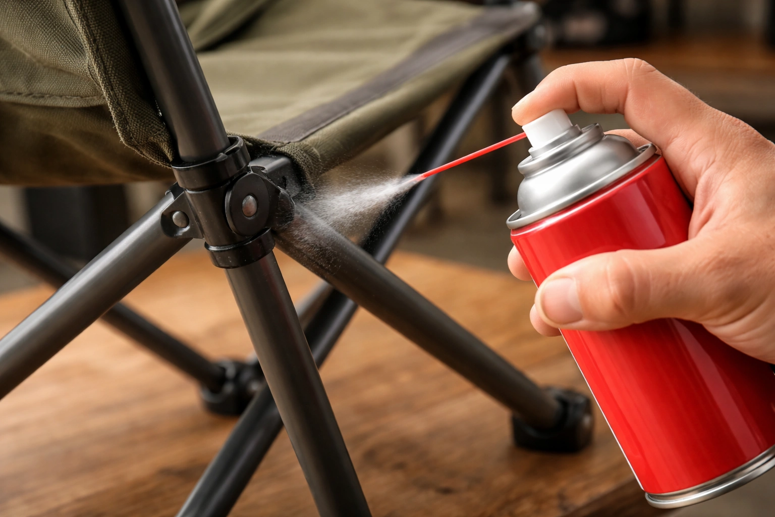 Applying silicone spray lubricant into camping chair hinge pivot point with straw attachment